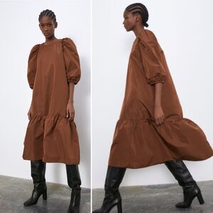 ZARA Taffeta Ruffle Hem Voluminous Chocolate Brown Puff Sleeve Midi Dress Medium